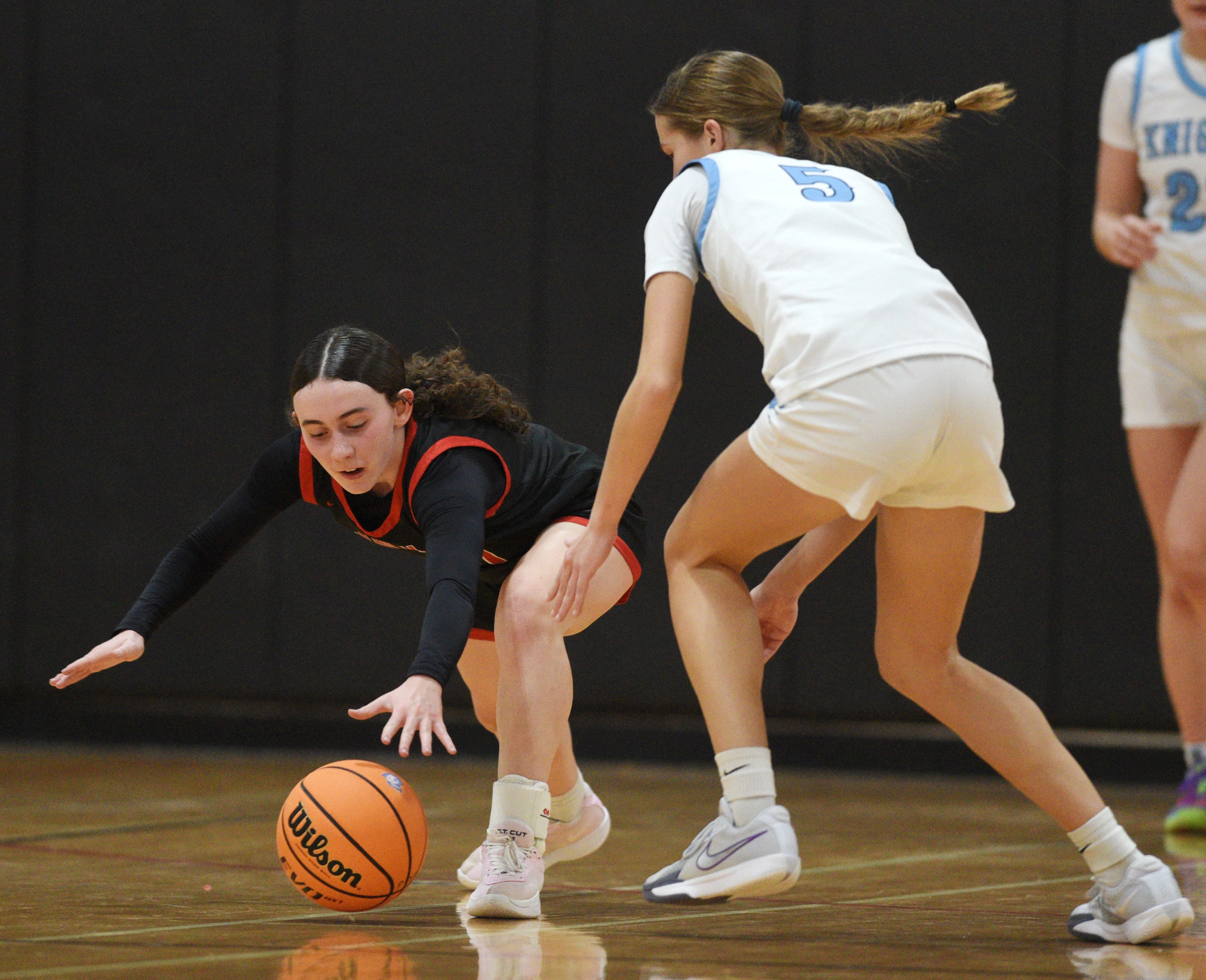 Huntley’s Luca Garlin (left) steals the ball from Prospect’s Colleen Shute during a game last season at Forest View Educational Center in Arlington Heights.