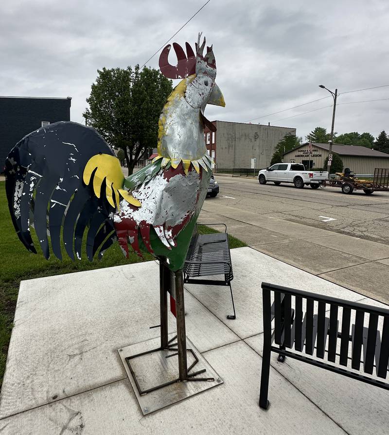 This eight-foot tall chicken is located across from the American Legion along Route 89 on Monday, May 8, 2023 in Ladd.