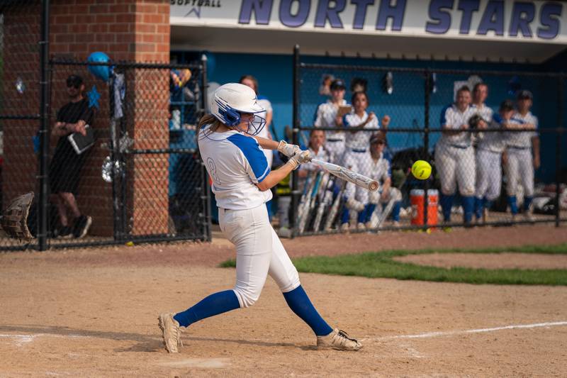 St. Charles North's Meghan Nicastro (8) slaps a two run single against Lake Park during a softball game at St. Charles North High School on Wednesday, May 11, 2022.