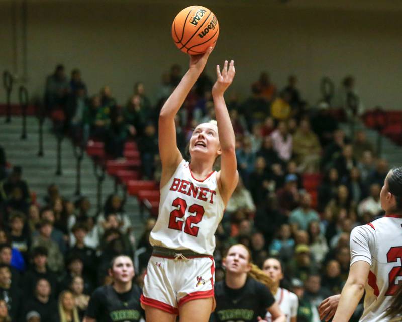 Benet's Bridget Rifenburg (22) puts up a shot during their Class 4A Bolingbrook Sectional final basketball game between Waubonsie Valley at Benet. Feb 27, 2025 in Bolingbrook.
