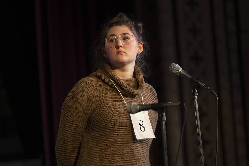Mikella Jepsen of Byron Middle School competes Thursday, Feb. 19, 2026, during the Lee-Ogle-Whiteside County Regional Spelling Bee. Jepsen made it to the top five, missing in round 8 on the word faun.