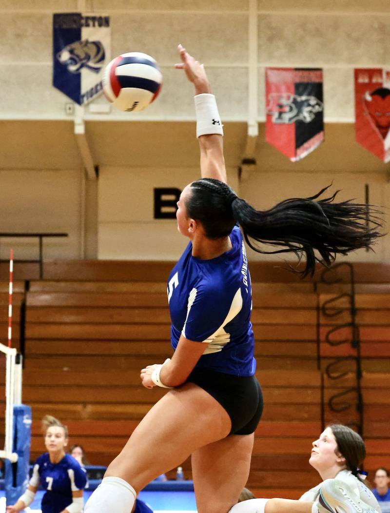 Princeton's Keeley Lawson takes a swing against E-P's Lauren Abbott Monday night at Prouty Gym. E-P won 25-13, 25-15.