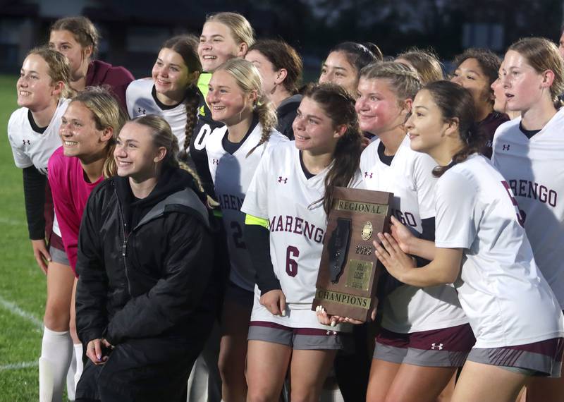 Marengo’s Indians celebrate a 3-2 OT win over Richmond-Burton in IHSA Class 1A Regional Title Game action soccer at Marengo High School in Marengo on Wednesday, May 21, 2025.