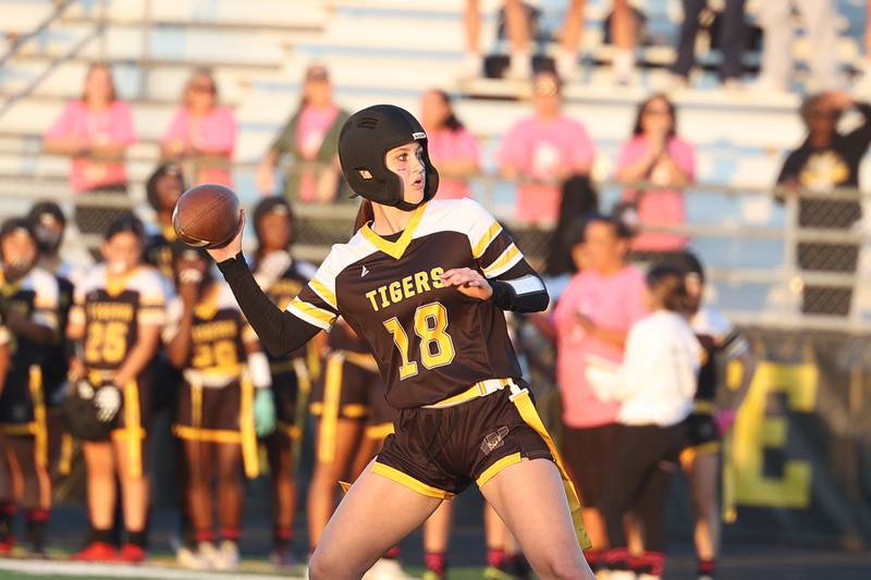 Joliet West’s Maya Zanzola passes against Joliet Central on Wednesday, Oct. 2, 2024 in Joliet.