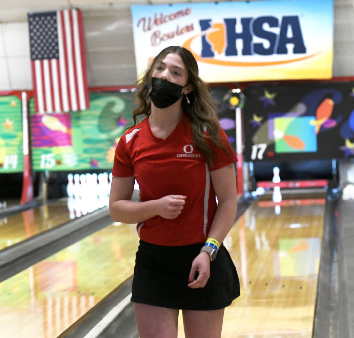 Oregon's Ava Wight reacts after a near-strike as she competes in the state bowling finals at the Cherry Bowl in Cherry Valley on Saturday.