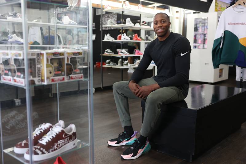 Tyrell Hundley sits in his store Joliet Kreamers in downtown Joliet. Friday, July 15, 2022 in Joliet.