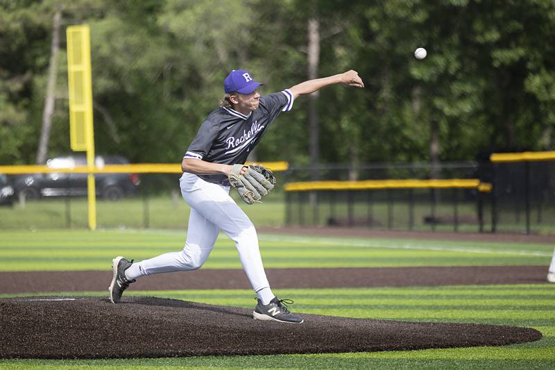 Rochelle’s Brode Bruns fires a pitch against Sterling Monday, May 20, 2024 the class 3A regional quarterfinal.