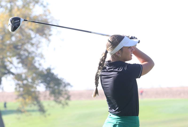 Seneca's Josie Mitchell tees off during the Class 1A Regionals on Tuesday, Sept. 30, 2025 at Spring Creek Golf Course in Spring Valley.
