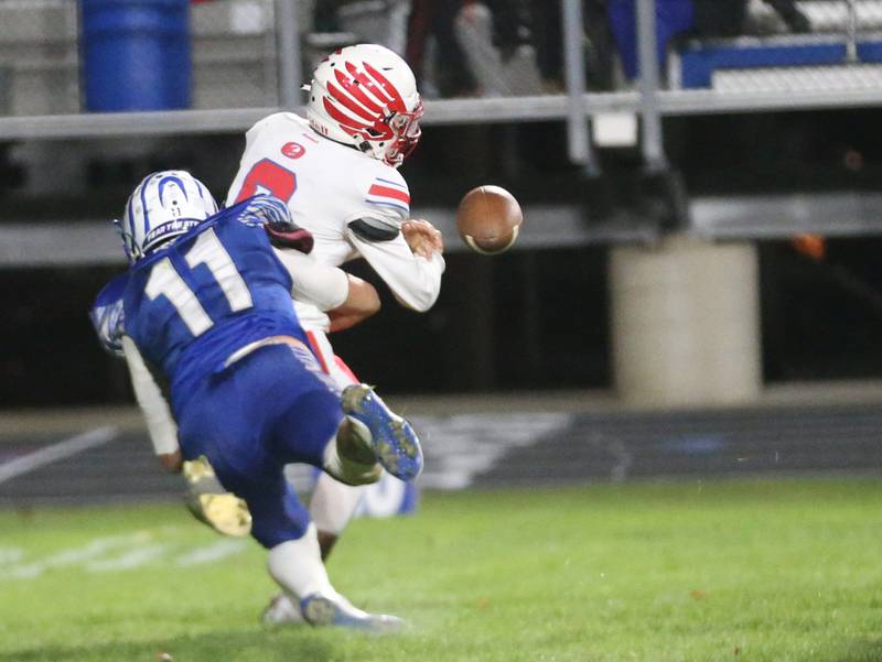 Princeton's Noah LaPorte causes a fumble on Oregon quarterback Benny Olalde during the Class 3A playoff game on Friday, Nov. 1, 2024 at Princeton High School.
