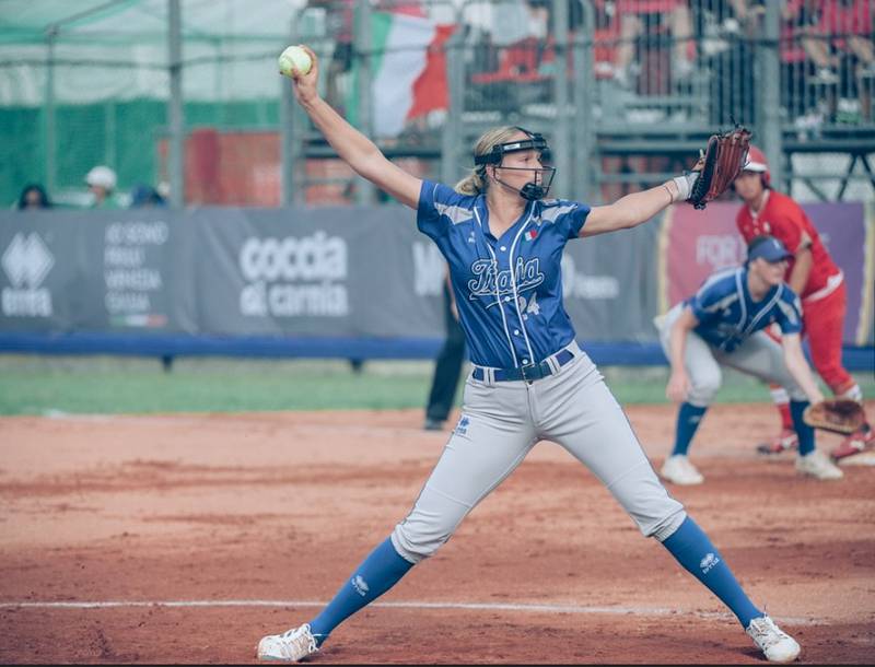 Christina Toniolo, a Crystal Lake South graduate, pitches for Team Italy at the Canada Cup last month in British Columbia.