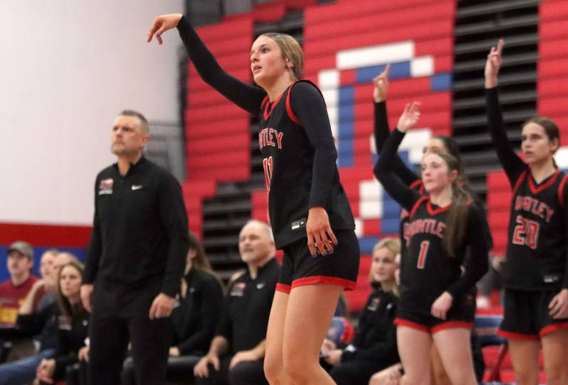 Huntley’s Anna Campanelli puts the finishing touch on an outside shot against Maine South in Komaromy Holiday Classic varsity girls basketball championship game action on Monday, Dec. 30, 2024, at Dundee-Crown High School in Carpentersville.