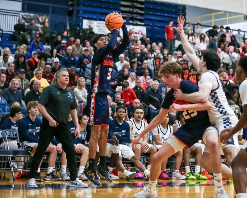 Oswego's Ethan Vahl (3) shoots a jump shot during their basketball game between Oswego at Oswego East, Feb 13, 2026 in Oswego.