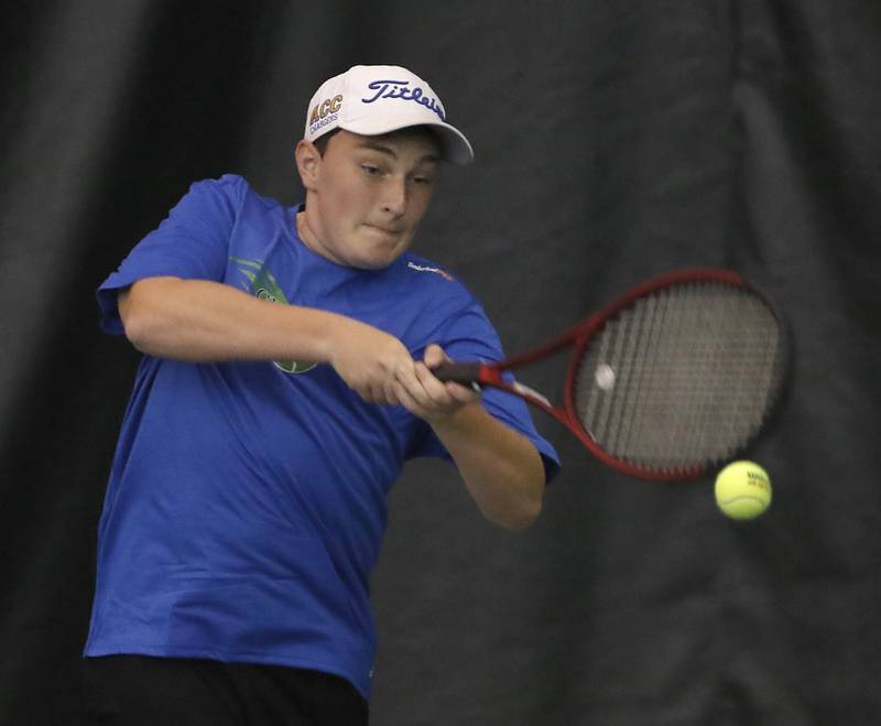 Catholic Central’s Bryan Novack returns the ball during a IHSA 1A boys double tennis match Thursday, May 26, 2022, at Midtown Athletic Club in Palatine.