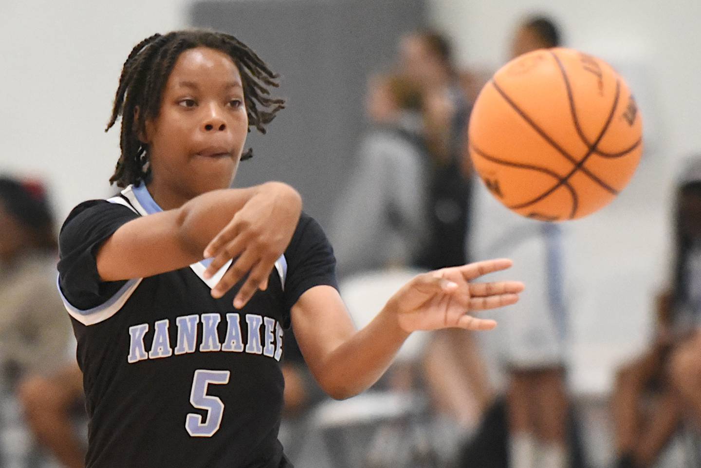 Kankakee's LaMaryah Smith makes a pass during a game against Joliet Central at the Kankakee Live event at the Genevra Walters Community Center Saturday, June 14, 2025.