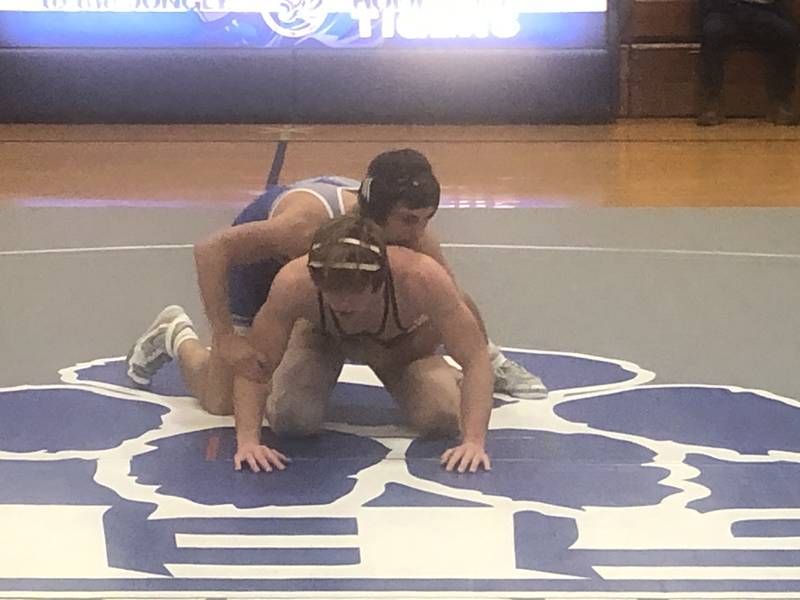 Princeton's Augie Christiansen and Tyler Semlar of Morris square off at 145 Tuesday night at Prouty Gym.