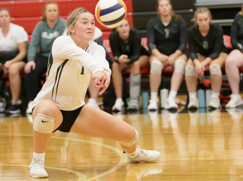 St. Bede's libero Ella Hermes bumps the ball against Hall on Tuesday, Sept. 20, 2022 in Spring Valley.