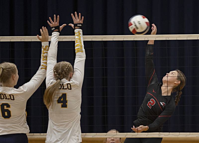 Fulton’s Brooklyn Brennan plays the ball against Polo’s Sydnei Rahn (left) and Camrynn Jones Thursday, Sept. 14, 2023 in Polo.