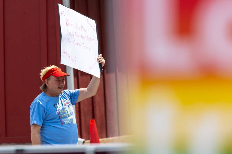 Man protests the “No Kings” protest on Saturday, June 14, 2025 at Rotary Park in Princeton.