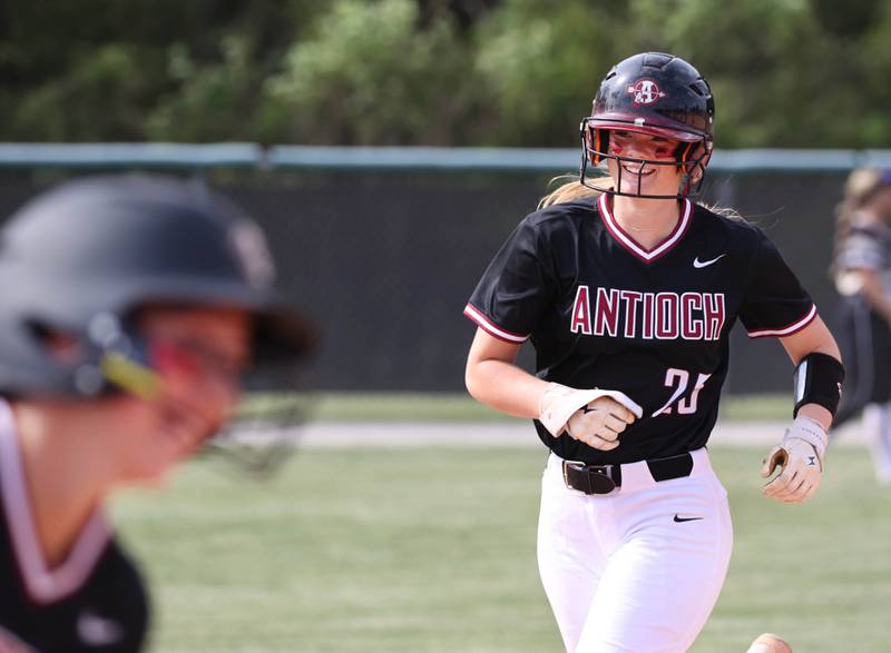 Antioch's Jacey Schuler is all smiles after hitting a homer during their Class 3A supersectional win Monday, June 3, 2024, over Sycamore at Kaneland High School in Maple Park.