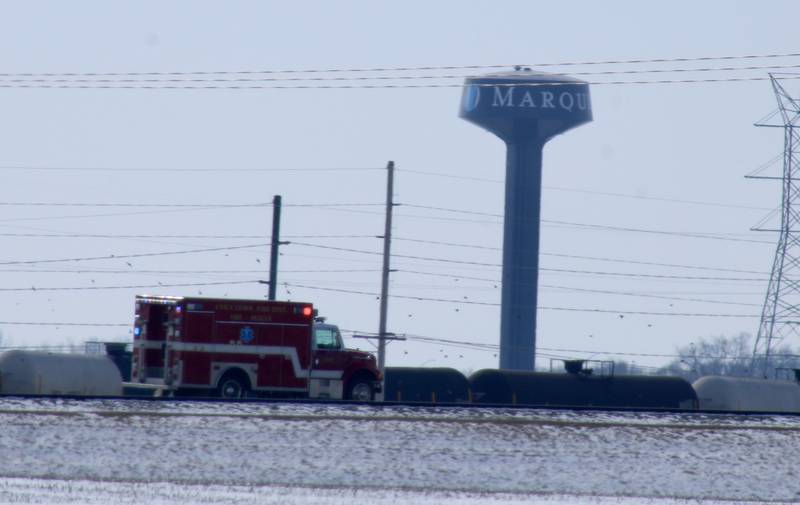 An emergency vehicle enters the Marquis Industrial Complex through its east gate on Saturday, Feb. 4, 2023, in rural Hennepin.