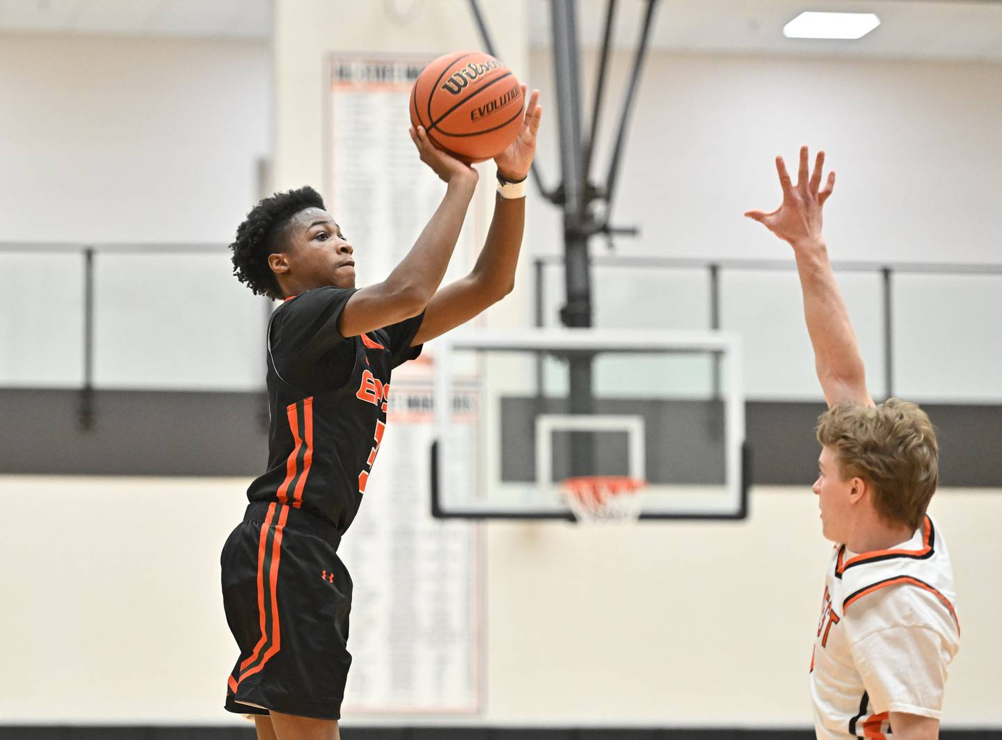 Plainfield East's Alijah Little (3) shoots a 3pt shot during a non-conference game against Lincoln-Way West on Friday, Dec. 22, 2023, at New Lenox. (Dean Reid for Shaw Local News Network)