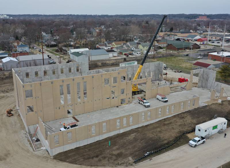 Crews continue to build exterior walls on the new YMCA building on Wednesday, March 29, 2023 in Ottawa.