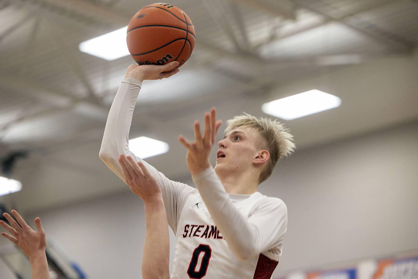 Fulton’s Baylen Damhoff puts up a shot late in the game against Scales Mound Friday, March 3, 2023 in the 1A sectional final in Lanark.