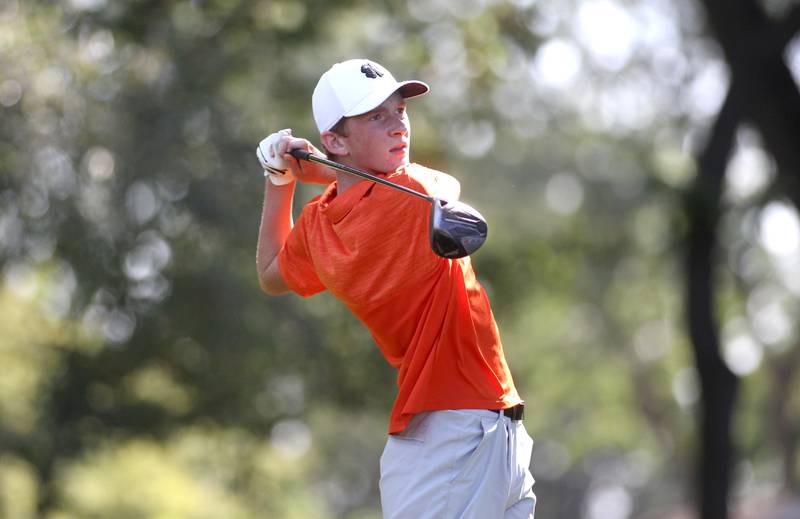 St. Charles East’s Sean Haggerty tees off on the 14th hole during the DuKane Conference Boys Golf Tournament at Bartlett Hills Golf Club on Tuesday, Sept. 20, 2022.