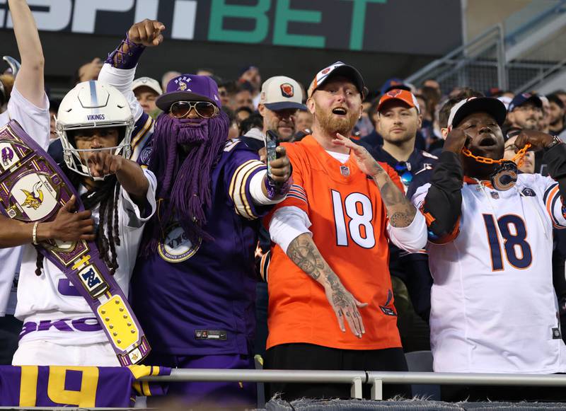 Bears and Viking fans are pumped up for the game Monday, Sept. 8, 2025, at Soldier Field in Chicago.