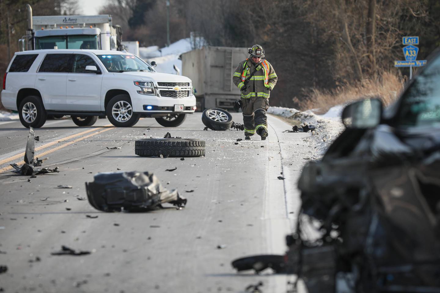 A portion of Kishwaukee Valley Road near Marengo was closed while crews cleaned up debris from a crash involving a semi-truck on Dec. 15, 2025.