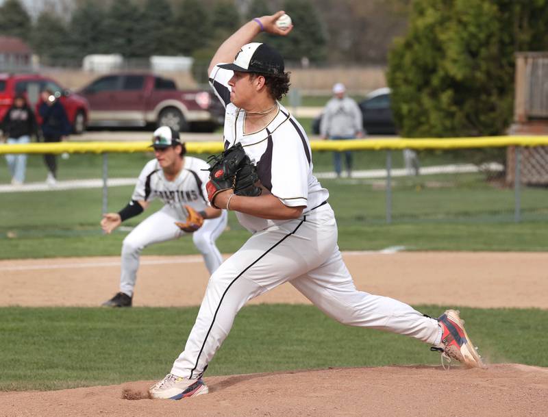 Sycamore's Matthew Rosado delivers a pitch during their game against Kaneland Monday, April 22, 2024, at the Sycamore Community Sports Complex.