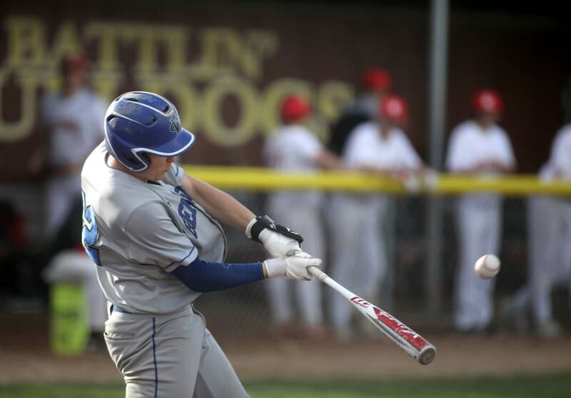 Geneva’s Michael Toole hits a double during a game at Batavia on Monday, April 29, 2024.