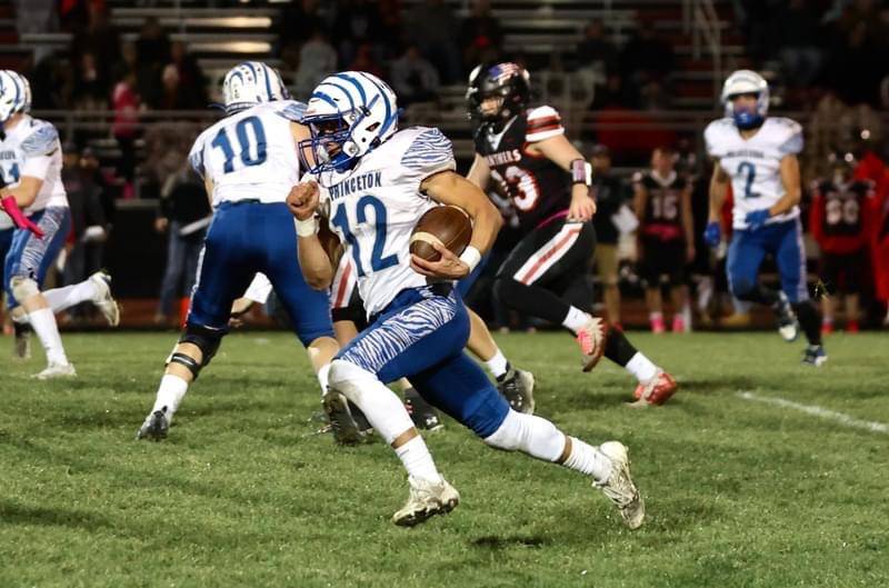 Princeton's Kaydin Gibson breaks loose for one of his two long, fourth-quarter touchdowns in Friday night at Prophetstown. The Tigers won 61-14.