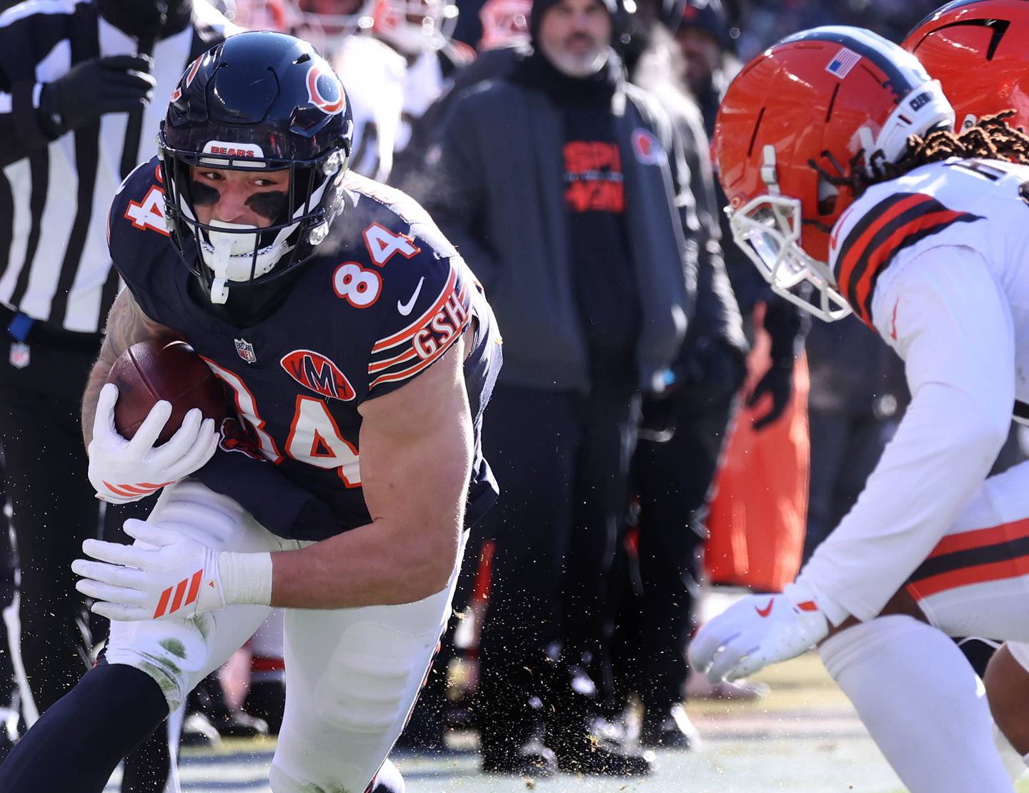 Chicago Bears tight end Colston Loveland prepares to take on two Cleveland Brown defenders during their game Sunday, Dec. 14, 2025, at Soldier Field in Chicago.