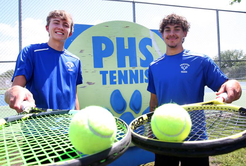 Princeton's doubles team of Jackson Mason (left) and Asa Gartin (right) pose for a photo on Thursday, June 19, 2025 at the Princeton High School tennis courts. The pair are the 2025 NewsTribune boys tennis players of the year.