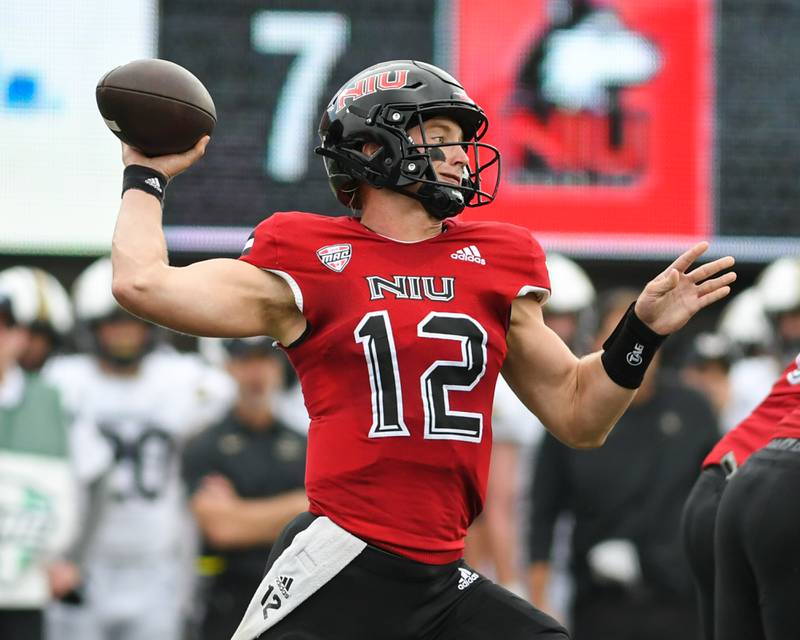 Northern Illinois Huskies Rocky Lombardi (12) throws the ball in the second quarter Saturday Sep. 17th while taking on Vanderbilt at Huskie Stadium in DeKalb.