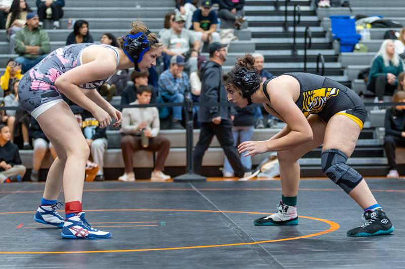 Lincoln-Way’s Ella Giertuga and Joliet West’s Vanessa O`Connor compete in the 145 lb finals during the Minooka Girls Wrestling Thanksgiving Throwdown competition at Minooka High School on Nov. 26, 2026.