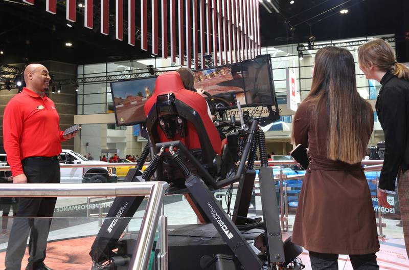 A Toyota motion simulator is one of the neat features that visitors can check out on Thursday, Feb. 8, 2024 during the Chicago Auto Show in McCormick Place.