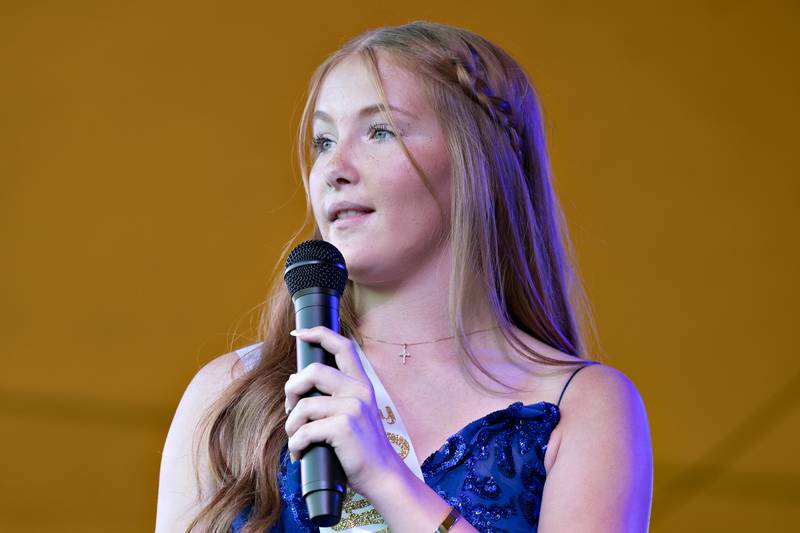 Sydney Noble, a freshman at Amboy High School, introduces herself Thursday, Aug. 21, 2025, during the 2025 Miss Amboy pageant.