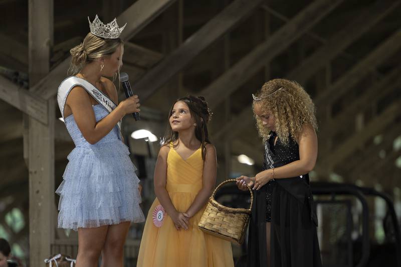 Emerson Quinn, 8, answers a question during the Little Miss Ogle County pageant, Thursday, July 30, 2025, at the Ogle County Fairgrounds.