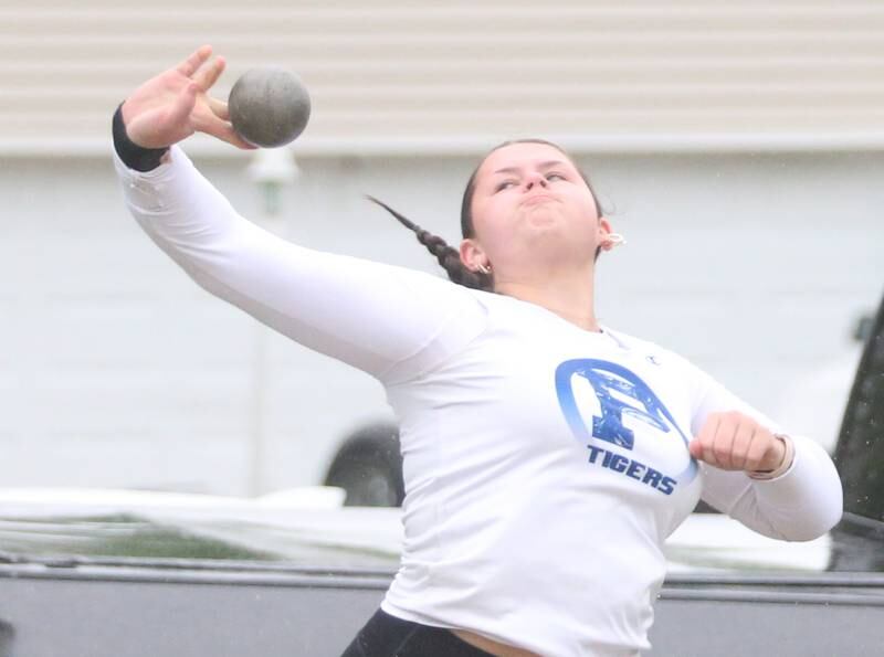 Princeton's Morgan Richards throws shot put during the Class 2A girls track and field Sectional on Thursday, May 9, 2024 in Princeton.