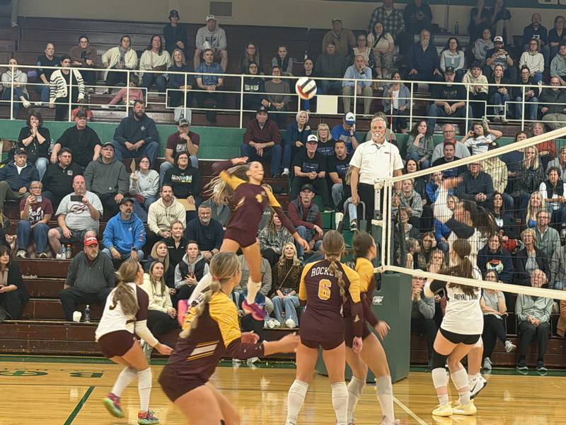 Richmond-Burton's Dani Hopp goes up for a kill against Rockford Christian on Thursday, Nov. 6, 2025, at the Class 2A Boylan Sectional final in Rockford.