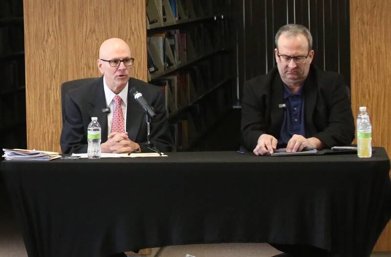 Peru mayoral candidate Doug Bernabei and Peru mayor Ken Kowloski hold a candidate forum on Sunday, Feb. 23, 2025 at the Peru Public Library.
