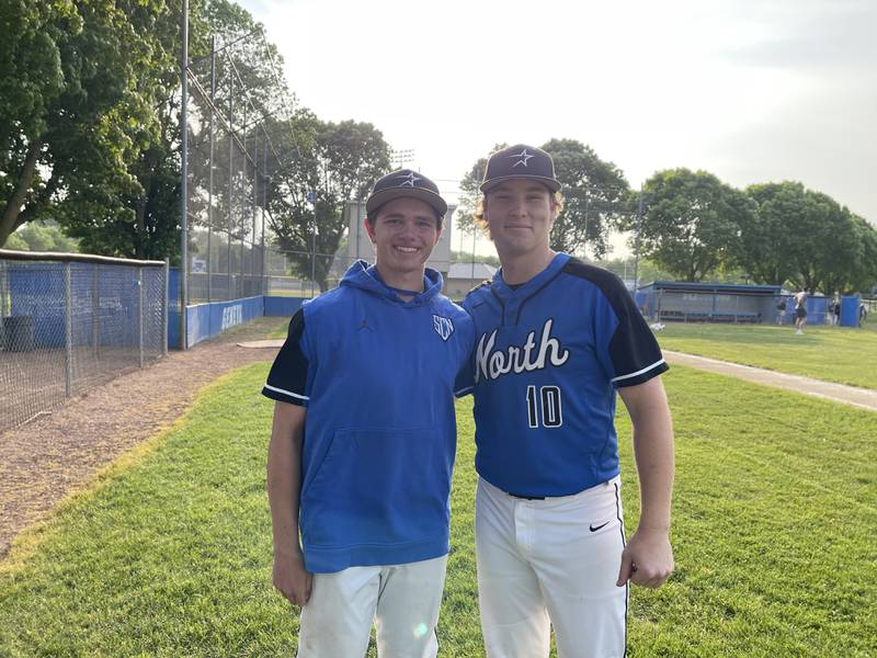 St. Charles North pitchers Josh Caccia and Cole Schertz, who combined to allow one hit and help the North Stars prevail 1-0 over Glenbard North in the Class 4A regional semifinal on Wednesday. Photo by Jake Bartelson.