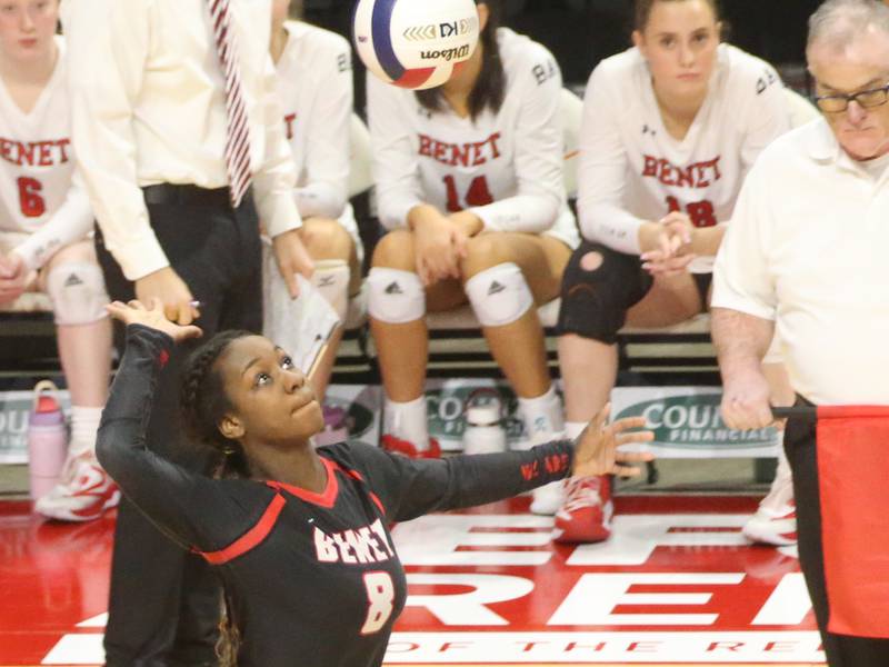 Benet's Aniya Warren serves the ball against Huntley during the Class 4A State semifinal game on Friday, Nov. 15, 2024 at CEFCU Arena in Normal.