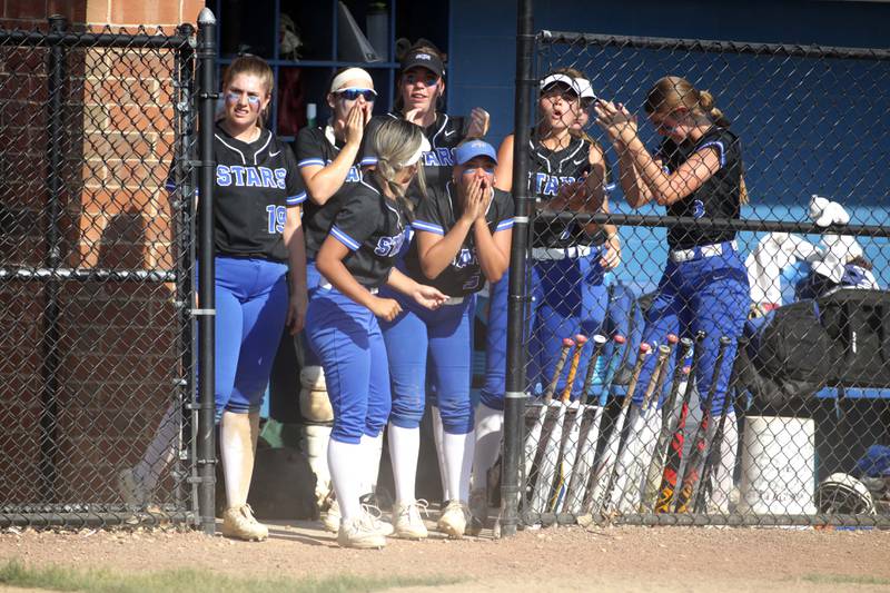 St. Charles North players cheer from the dugout during a Class 4A St. Charles North Sectional final against Lake Park on Friday, June 2, 2023.
