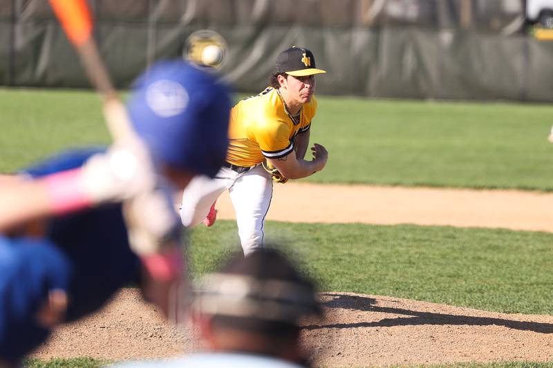 Joliet West’s Juan Rico delivers a pitch against Joliet Central on Monday, April 15, 2024.