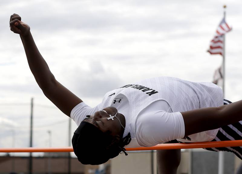 Kaneland’s Fredrick Hassan competes in the high jump during the Huntley IHSA Class 3A Boys Sectional Track and Field Meet on Thursday, May 22, 2025, at Huntley High School.