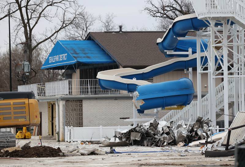 Demolition continues at Hopkins Pool Tuesday, December 10, 2024, in preparation for construction of a new pool set to open in 2026 at Hopkins Park in DeKalb.