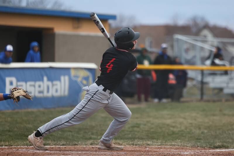 Bolingbrook’s Jack Vodvarka drives in the go-ahead run against Joliet Central on Tuesday, March 21st. 2023.